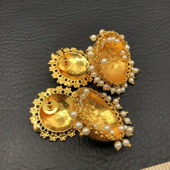 Jhumka Chandelier Earrings Bollywood Faux Pearls Gold Tone Domes - Picture 3 of 6